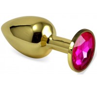 Золотистая анальная пробка с розовым кристаллом - 6,5 см.