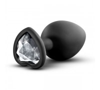 Черная анальная втулка с прозрачным кристаллом в виде сердечка Bling Plug Small - 7,6 см.
