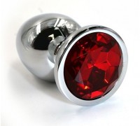 Серебристая алюминиевая анальная пробка с красным кристаллом - 7 см.