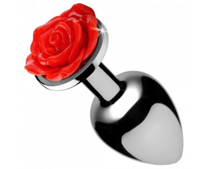 Серебристая анальная пробка с розой Red Rose Butt Plug - 8 см.