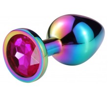 Разноцветная гладкая анальная пробка с розовым кристаллом - 9,5 см.