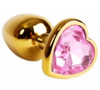 Золотистая анальная пробка с нежно-розовым кристаллом в форме сердца - 6 см.