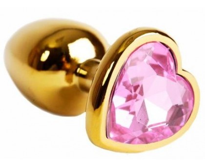 Золотистая анальная пробка с нежно-розовым кристаллом в форме сердца - 6 см.