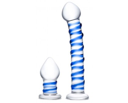 Набор из 2 стеклянных игрушек с синей спиралью Swirly Dildo   Buttplug Set