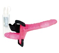 Поясной розовый виброфаллос с вагинальной пробкой - 17,5 см.