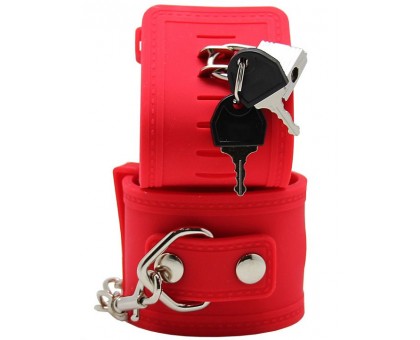 Красные силиконовые наручники с фиксацией и ключиком