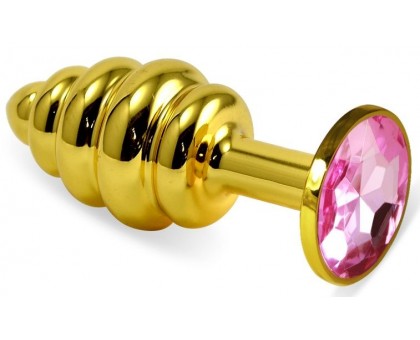 Золотистая ребристая анальная пробка с нежно-розовым кристаллом - 8 см. 