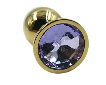 Золотистая алюминиевая анальная пробка с светло-фиолетовым кристаллом - 6 см.