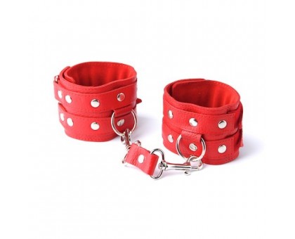 Красные кожаные наручники с велюровой подкладкой