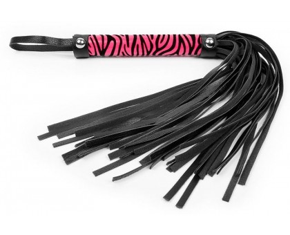 Черная многохвостовая плеть с круглой розовой ручкой-зеброй - 39 см.