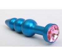 Синяя фигурная анальная пробка с розовым кристаллом - 11,2 см.