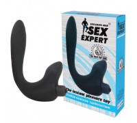 Черный удлиненный силиконовый массажер простаты Sex Expert с отростком