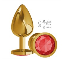 Золотистая большая анальная пробка с красным кристаллом - 9,5 см.