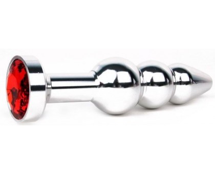 Удлиненная серебристая анальная втулка с красным кристаллом - 11,3 см. 