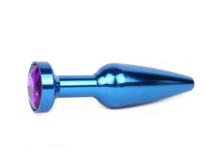 Удлиненная коническая гладкая синяя анальная втулка с кристаллом фиолетового цвета - 11,3 см.