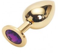 Золотистая анальная пробка GOLDEN PLUG Large с фиолетовым кристаллом - 9,5 см.