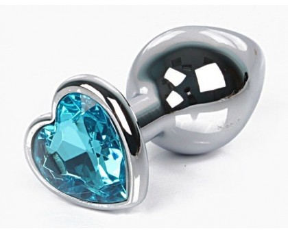 Серебристая анальная пробка с голубым кристаллом-сердцем размера L - 9,5 см.