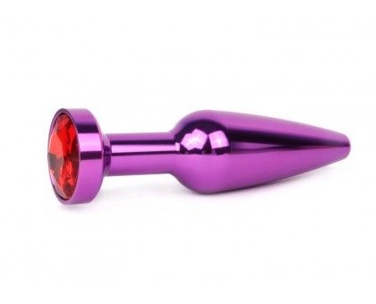 Удлиненная коническая гладкая фиолетовая анальная втулка с красным кристаллом - 11,3 см.