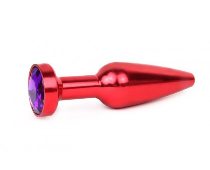 Удлиненная коническая гладкая красная анальная втулка с кристаллом фиолетового цвета - 11,3 см.