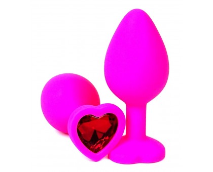 Розовая силиконовая пробка с красным кристаллом-сердцем - 8 см.