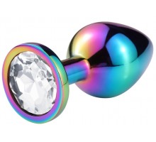 Разноцветная гладкая анальная пробка с прозрачным кристаллом - 6,8 см. 